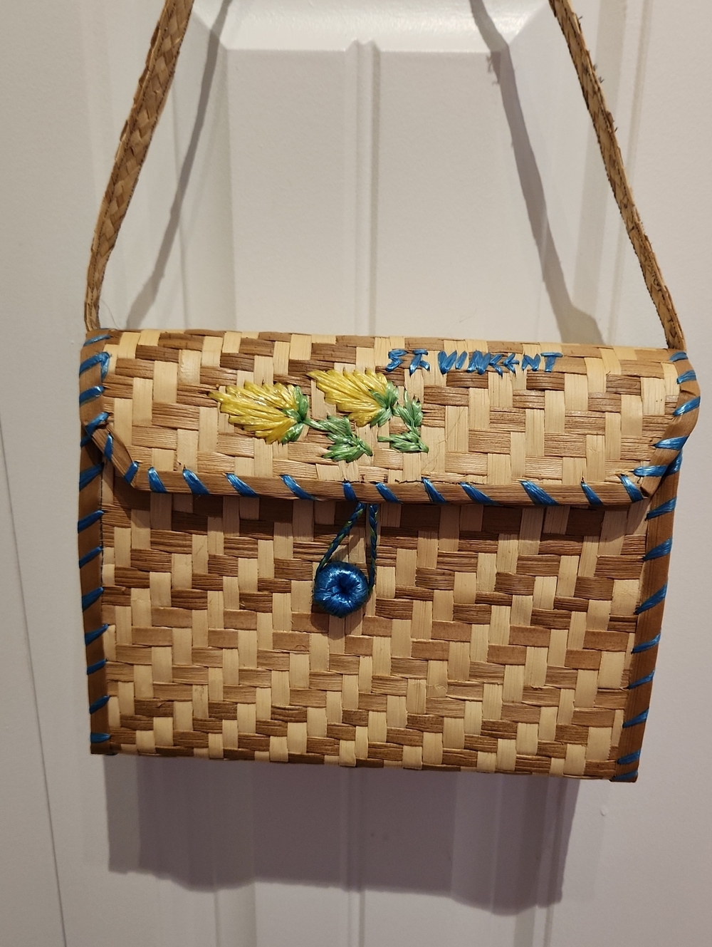 Handwoven Straw Handbag with Blue Trim and Floral Embroidery / New Without Tag